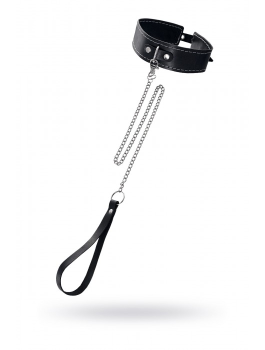 Кожаный двухслойный ошейник с белой строчкой и поводком - Pecado - купить с доставкой в Королеве