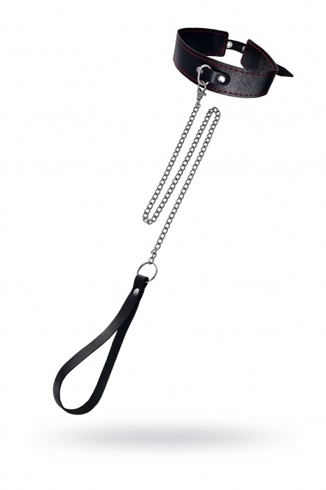 Кожаный двухслойный ошейник с красной строчкой и поводком - Pecado - купить с доставкой в Королеве