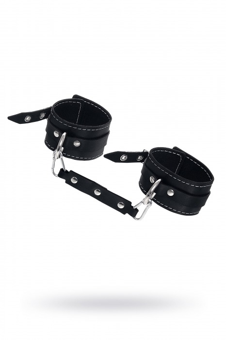 Черные двухслойные кожаные оковы с белой строчкой - Pecado - купить с доставкой в Королеве