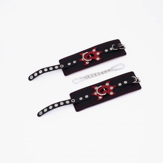 Черные кожаные наручники с красным декором и строчкой - Crazy Handmade - купить с доставкой в Королеве