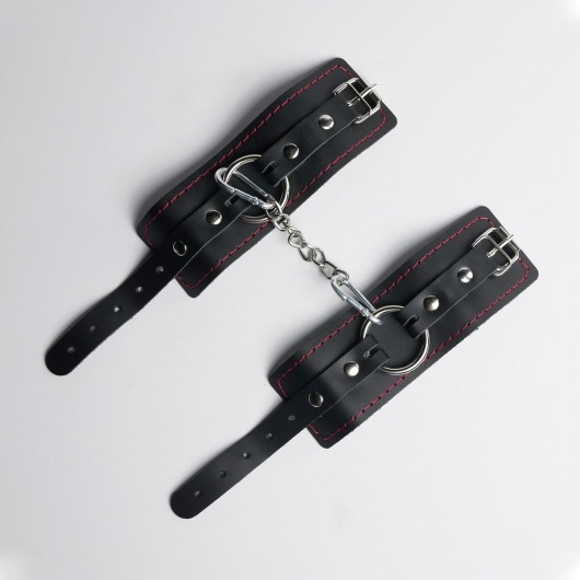 Черные кожаные наручники с красной строчкой - Crazy Handmade - купить с доставкой в Королеве