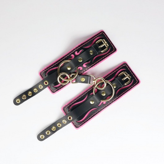 Черные кожаные наручники с розовой строчкой - Crazy Handmade - купить с доставкой в Королеве