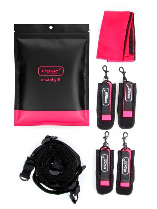Черно-розовый эротический набор: фиксатор, оковы, наручники, повязка - Erokay - купить с доставкой в Королеве