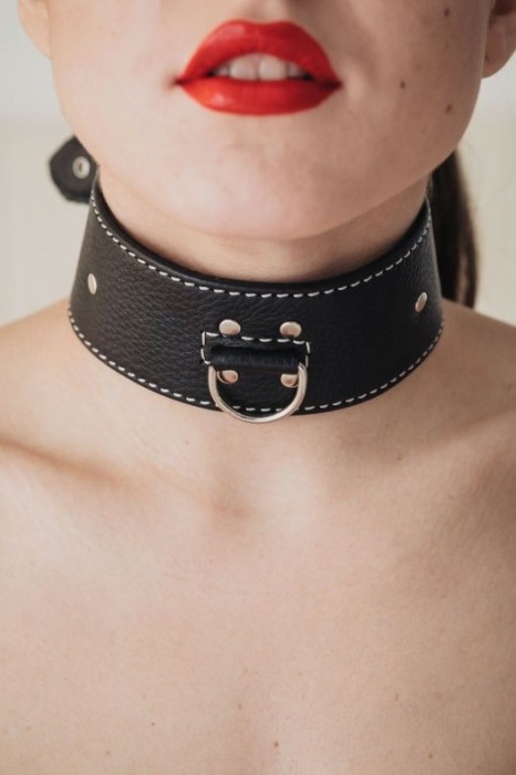 Черный кожаный ошейник с петлёй для поводка - БДСМ Арсенал - купить с доставкой в Королеве