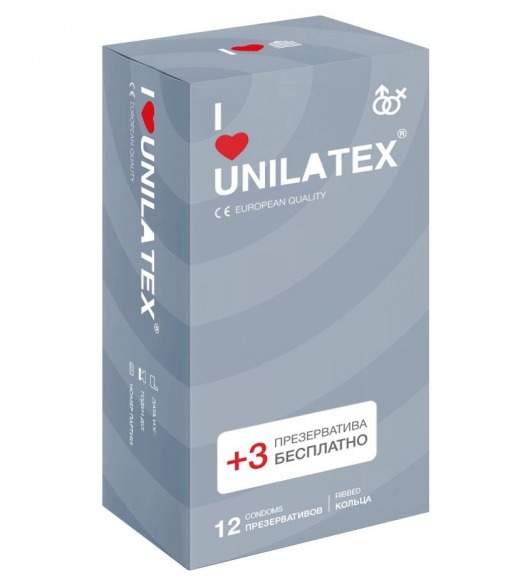 Презервативы с рёбрами Unilatex Ribbed - 12 шт. + 3 шт. в подарок - Unilatex - купить с доставкой в Королеве