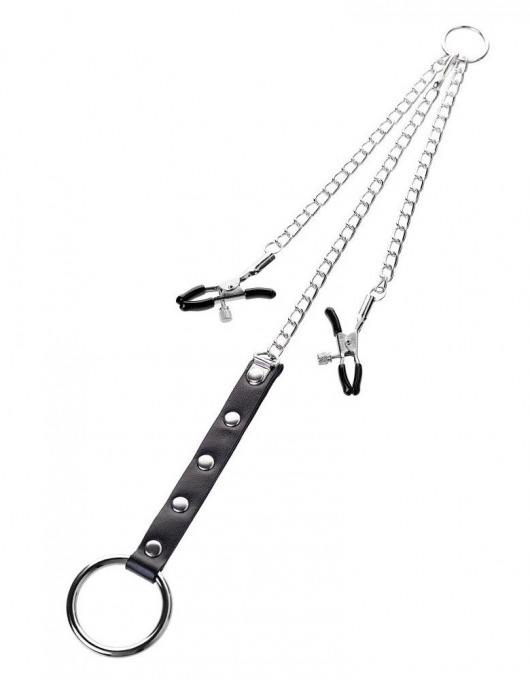 Серебристо-чёрные зажимы для сосков с кольцом для пениса TOYFA Metal - ToyFa - купить с доставкой в Королеве